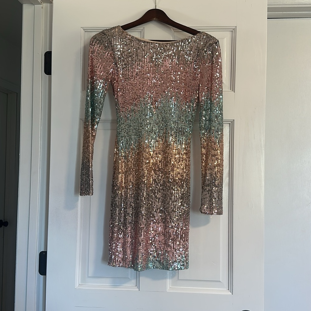 B Darlin Long Sleeve Sequin Dress in Pink, Blue, and Gold